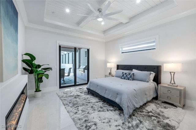 333 12th Ave NE, Naples, FL 34120 - bedroom featuring access to exterior, beam ceiling, baseboards, ceiling fan, and coffered ceiling