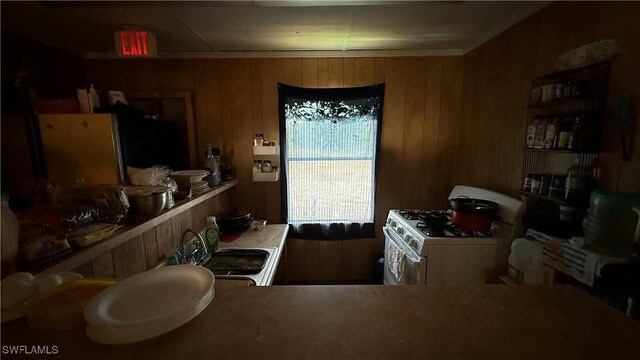 17200 Kentara Way, Fort Myers, FL 33913 - kitchen featuring white gas range, a sink, and wooden walls