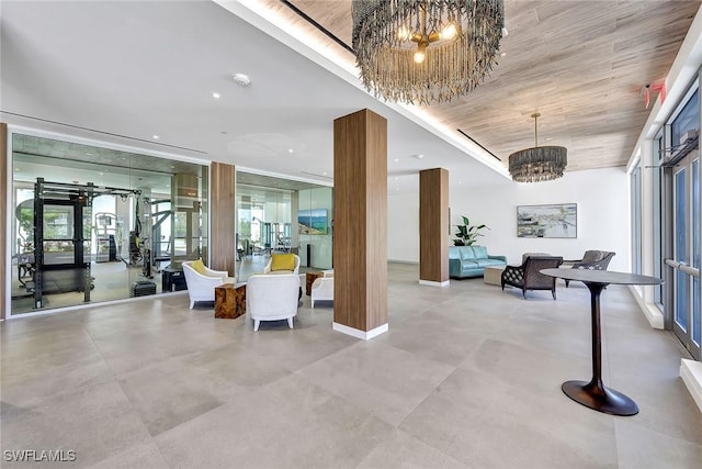 community lobby with wood ceiling