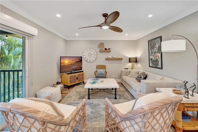 300 Palm Dr Unit 402, Naples, FL 34112 - living room featuring wood finished floors, ceiling fan, recessed lighting, and crown molding