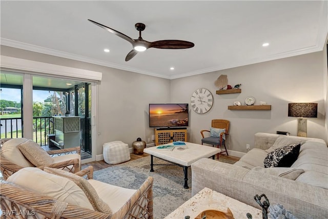 300 Palm Dr Unit 402, Naples, FL 34112 - living room with baseboards, a ceiling fan, crown molding, recessed lighting, and wood finished floors