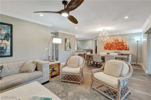 300 Palm Dr Unit 402, Naples, FL 34112 - living room featuring light wood-type flooring, a chandelier, recessed lighting, crown molding, and ceiling fan
