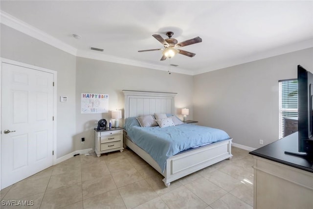 1302 SW 20th St, Cape Coral, FL 33991 - bedroom with baseboards, ornamental molding, light tile patterned floors, and a ceiling fan