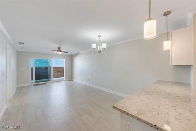 unfurnished living room with ornamental molding, a chandelier, ceiling fan, baseboards, and light floors