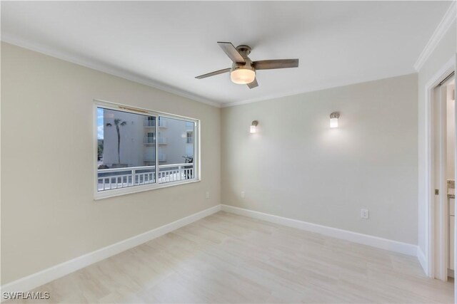 unfurnished room with crown molding, ceiling fan, and baseboards