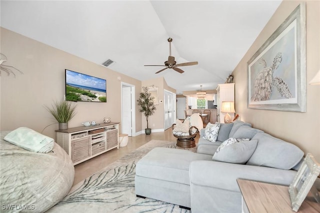 676 W Elkcam Cir Unit 1222, Marco Island, FL 34145 - living room with a ceiling fan and lofted ceiling