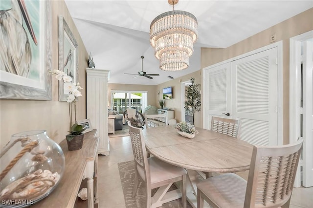 676 W Elkcam Cir Unit 1222, Marco Island, FL 34145 - dining space with a ceiling fan, a chandelier, light tile patterned floors, and lofted ceiling