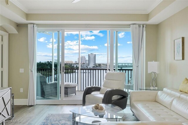 2745 1st St Unit 701, Fort Myers, FL 33916 - living area featuring wood finished floors, plenty of natural light, ornamental molding, baseboards, and a water view