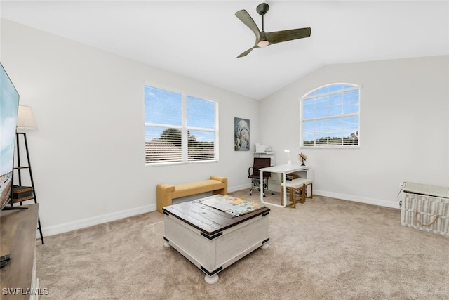 6619 Marbella Dr, Naples, FL 34105 - living area featuring a ceiling fan, vaulted ceiling, light carpet, and baseboards