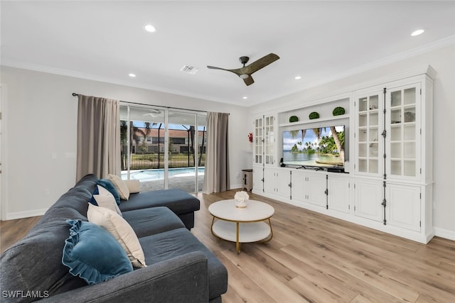 6619 Marbella Dr, Naples, FL 34105 - living room with ceiling fan, ornamental molding, light wood-type flooring, baseboards, and recessed lighting