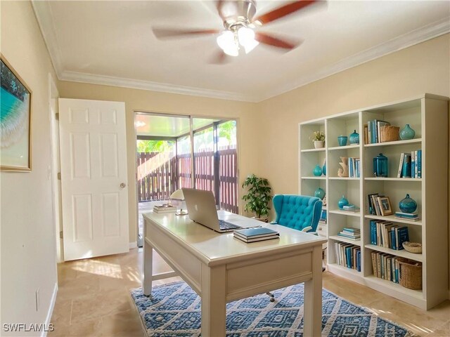 office area with ceiling fan, ornamental molding, and baseboards