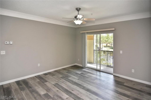 unfurnished room featuring ceiling fan, crown molding, baseboards, and wood finished floors