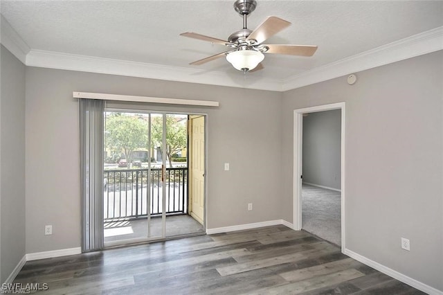 empty room featuring crown molding, wood finished floors, baseboards, a ceiling fan, and a textured ceiling