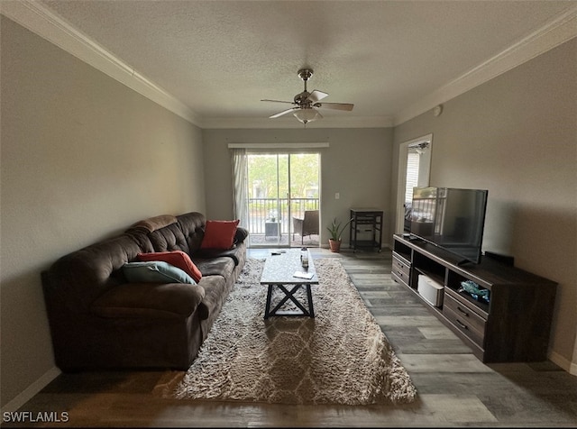 11510 Villa Grand Unit 404, Fort Myers, FL 33913 - living room with ceiling fan, crown molding, wood finished floors, a textured ceiling, and baseboards