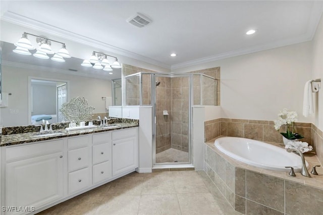 3159 Serena Ln Unit 102, Naples, FL 34114 - bathroom featuring a bath, double vanity, a stall shower, tile patterned flooring, and recessed lighting