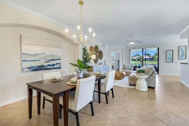 3159 Serena Ln Unit 102, Naples, FL 34114 - dining area featuring ornamental molding, light tile patterned flooring, a chandelier, baseboards, and ceiling fan