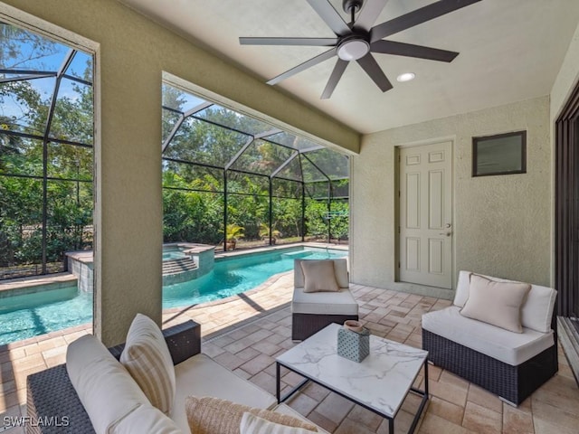 14326 Tuscany Pointe Trl, Naples, FL 34120 - view of patio featuring a pool with connected hot tub, ceiling fan, an outdoor living space, and a lanai