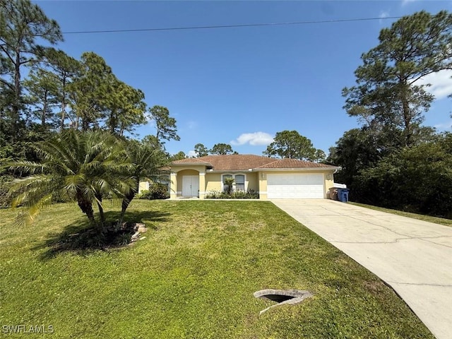 3206 35th St W, Lehigh Acres, FL 33971 - view of front of house with stucco siding, an attached garage, driveway, and a front yard