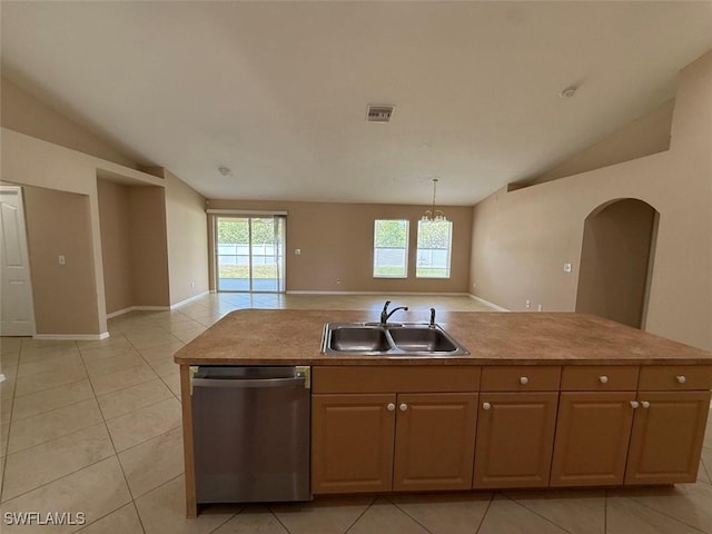 3206 35th St W, Lehigh Acres, FL 33971 - kitchen featuring dishwasher, a sink, vaulted ceiling, light tile patterned flooring, and open floor plan