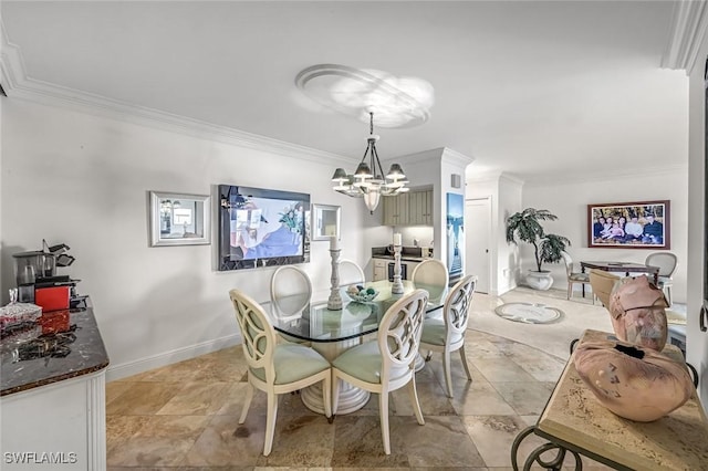 174 S Collier Blvd Unit 304, Marco Island, FL 34145 - dining room featuring ornamental molding, a chandelier, baseboards, and light stone finish flooring