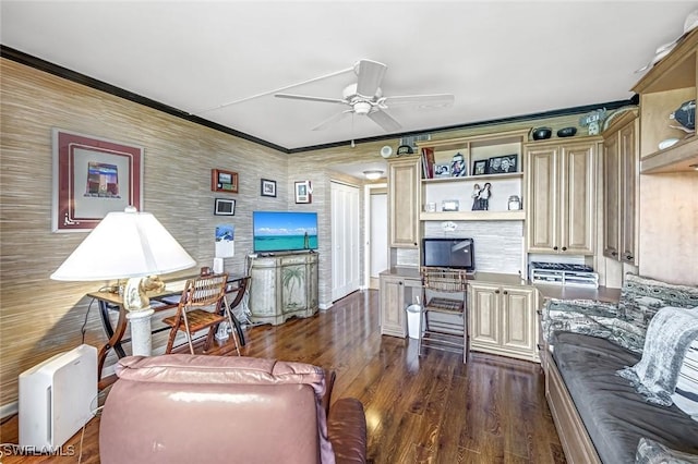 174 S Collier Blvd Unit 304, Marco Island, FL 34145 - living room with ornamental molding, a ceiling fan, and dark wood-style flooring