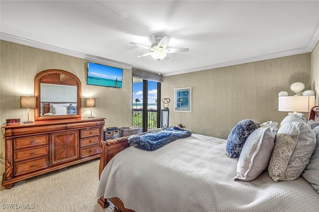 174 S Collier Blvd Unit 304, Marco Island, FL 34145 - bedroom with carpet flooring, access to outside, ceiling fan, and crown molding
