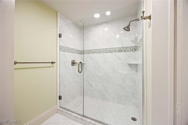 2630 Grey Oaks Dr N Unit B18, Naples, FL 34105 - full bathroom with marble look tiles, baseboards, a shower stall, and recessed lighting