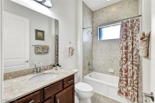 full bath with toilet, shower / tub combo with curtain, vanity, and tile patterned floors