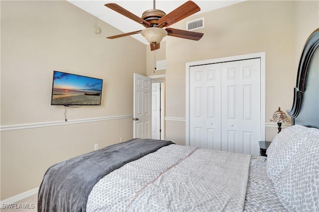 9820 Healthpark Cir Unit 101, Fort Myers, FL 33908 - carpeted bedroom featuring a closet, ceiling fan, baseboards, and high vaulted ceiling