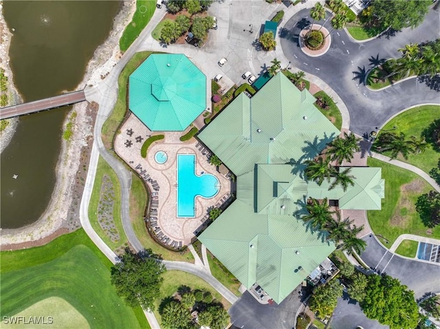 drone / aerial view of a pool area