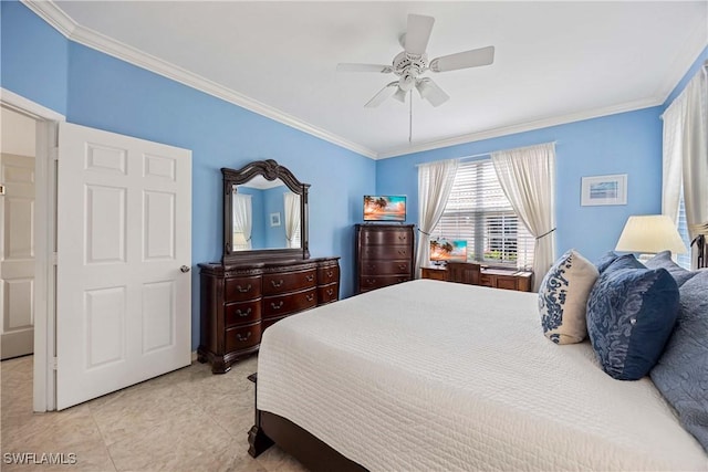 bedroom with crown molding, a ceiling fan, and light tile patterned floors