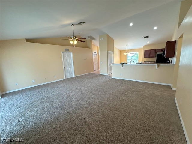 unfurnished living room with vaulted ceiling, ceiling fan, carpet flooring, baseboards, and recessed lighting
