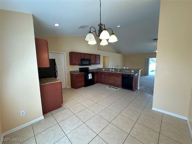 kitchen featuring black appliances, a chandelier, vaulted ceiling, baseboards, and light tile patterned floors