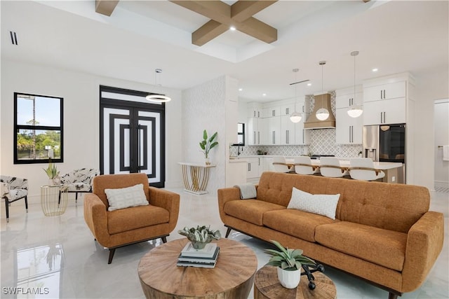 24131 Cock Robin Ln, Bonita Springs, FL 34135 - living area with coffered ceiling, recessed lighting, and beamed ceiling