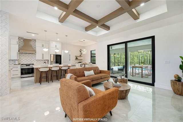24131 Cock Robin Ln, Bonita Springs, FL 34135 - living room with coffered ceiling, beam ceiling, recessed lighting, and baseboards