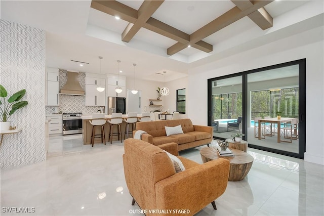 24131 Cock Robin Ln, Bonita Springs, FL 34135 - living area featuring coffered ceiling, beam ceiling, light tile patterned flooring, and recessed lighting
