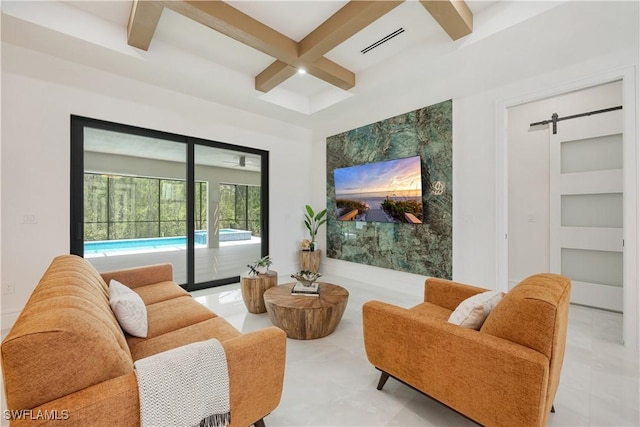 24131 Cock Robin Ln, Bonita Springs, FL 34135 - living area with coffered ceiling, a barn door, and beam ceiling