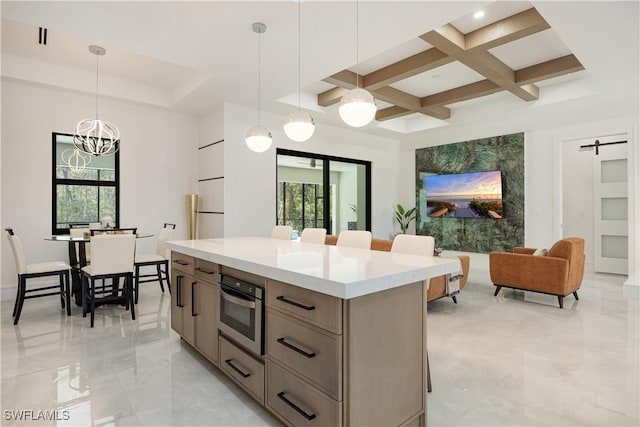24131 Cock Robin Ln, Bonita Springs, FL 34135 - kitchen with light marble finish flooring, healthy amount of natural light, a center island, a chandelier, and beamed ceiling