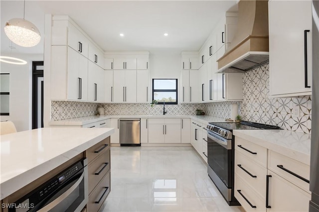 24131 Cock Robin Ln, Bonita Springs, FL 34135 - kitchen featuring custom range hood, stainless steel appliances, backsplash, a sink, and recessed lighting