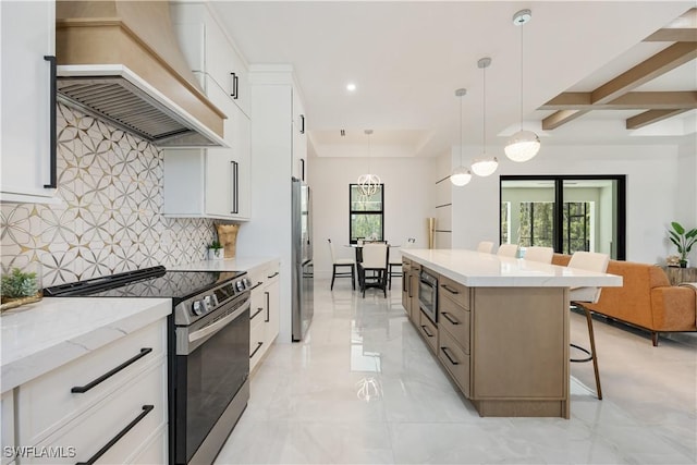 24131 Cock Robin Ln, Bonita Springs, FL 34135 - kitchen featuring appliances with stainless steel finishes, custom exhaust hood, decorative backsplash, plenty of natural light, and recessed lighting