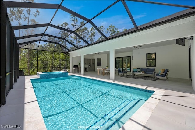 24131 Cock Robin Ln, Bonita Springs, FL 34135 - view of pool featuring outdoor lounge area, a ceiling fan, a patio, glass enclosure, and a pool with connected hot tub