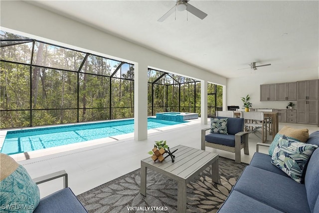 24131 Cock Robin Ln, Bonita Springs, FL 34135 - view of swimming pool featuring ceiling fan, an outdoor hangout area, and a patio