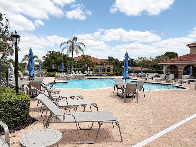 community pool with a patio area