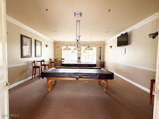 game room with pool table, carpet floors, crown molding, and baseboards
