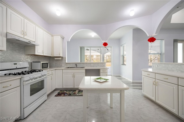 1083 Pollywog Dr, Labelle, FL 33935 - kitchen with white gas range, under cabinet range hood, a sink, stainless steel microwave, and tasteful backsplash