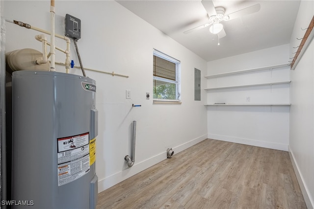 5863 Millay Ct, North Fort Myers, FL 33903 - laundry area with water heater, wood finished floors, ceiling fan, electric panel, and baseboards