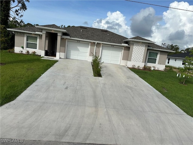 5115 30th St SW, Lehigh Acres, FL 33973 - view of front facade with a garage, stucco siding, concrete driveway, and a front yard