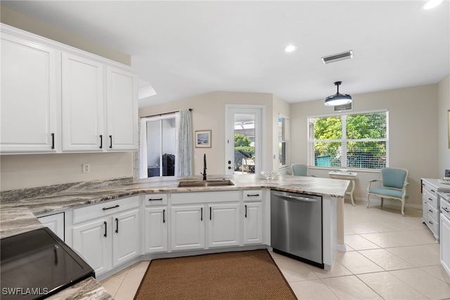 3932 Ruxton Rd, Naples, FL 34116 - kitchen featuring dishwasher, a sink, light tile patterned floors, white cabinetry, and recessed lighting