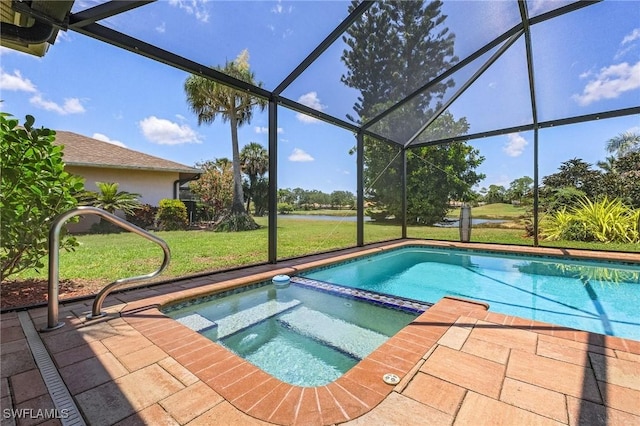 813 Saint Andrews Blvd, Naples, FL 34113 - view of pool featuring a lawn, a pool with connected hot tub, glass enclosure, and a patio area