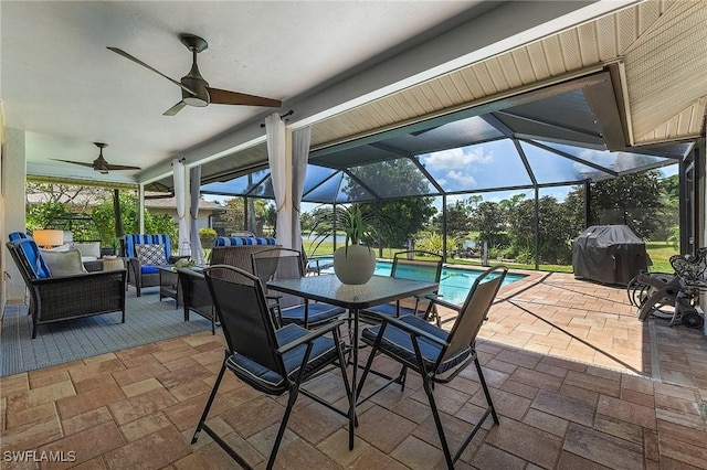 813 Saint Andrews Blvd, Naples, FL 34113 - view of patio featuring grilling area, outdoor lounge area, an outdoor pool, a ceiling fan, and a lanai